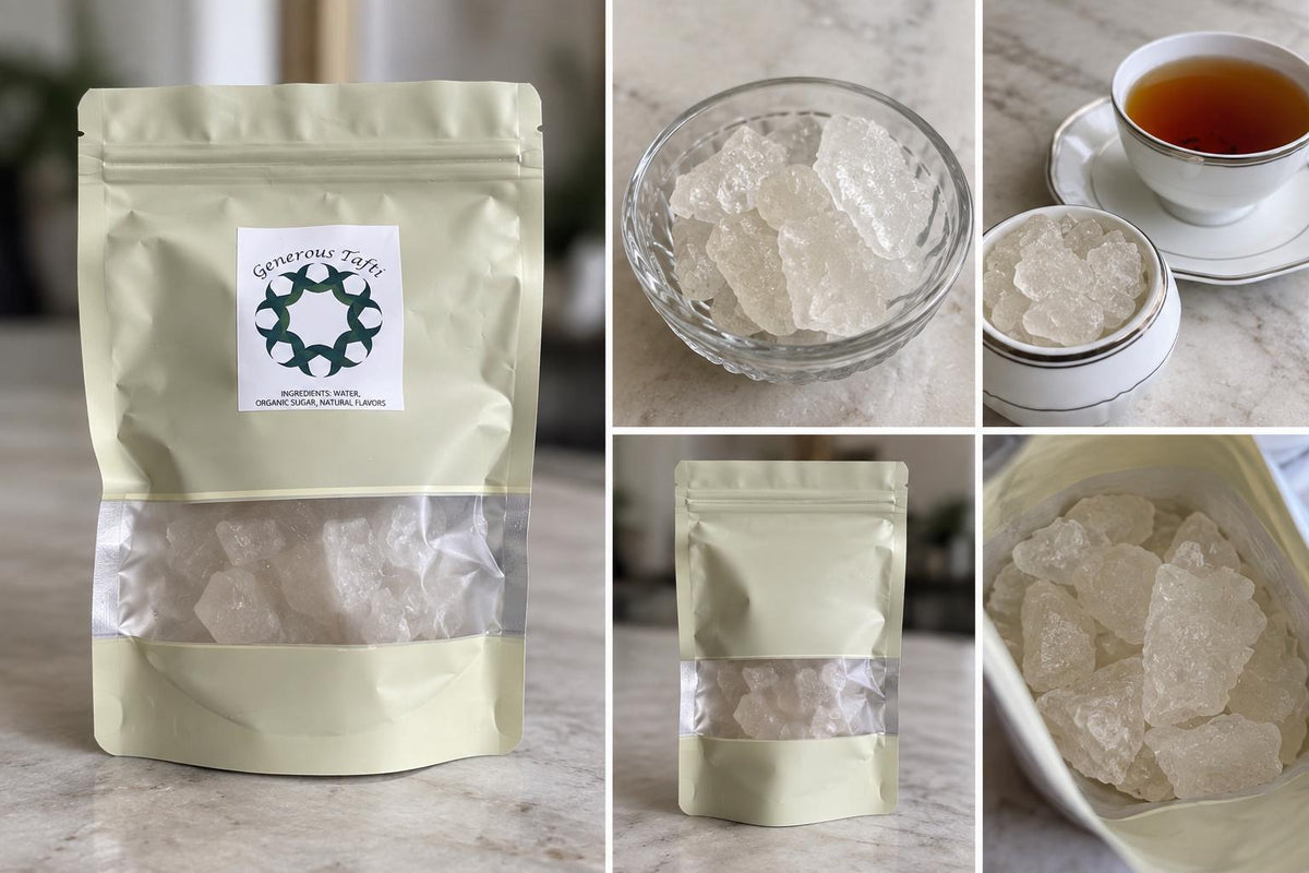 Green pouch of rock sugar crystals with a glass bowl and small dish