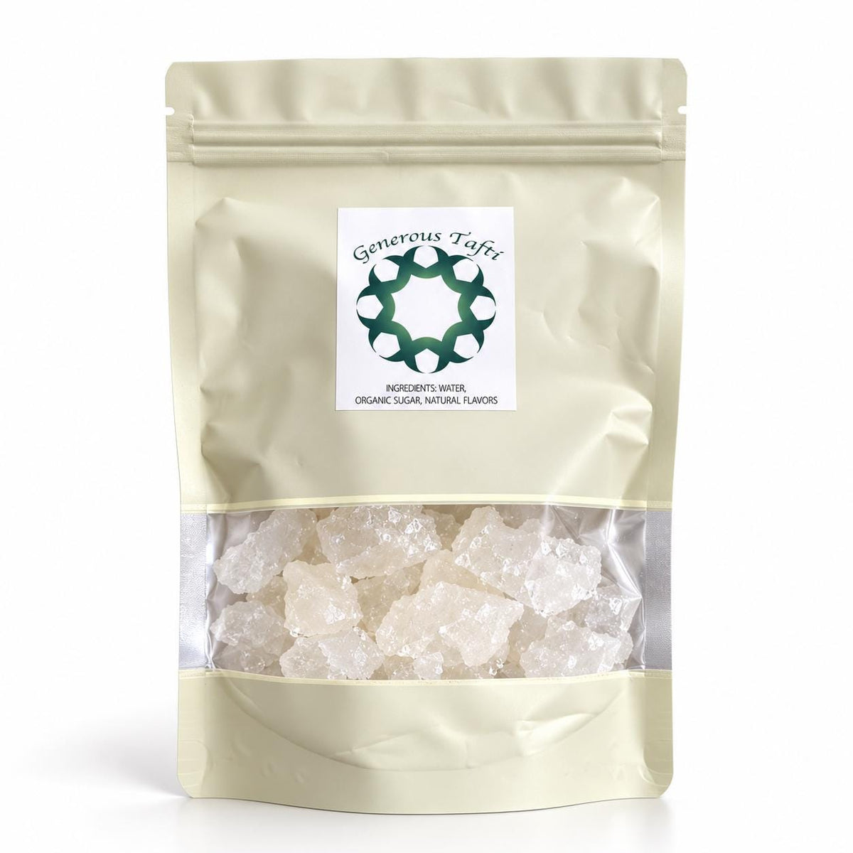 Pouch label showing ingredients: water, organic sugar, natural flavors