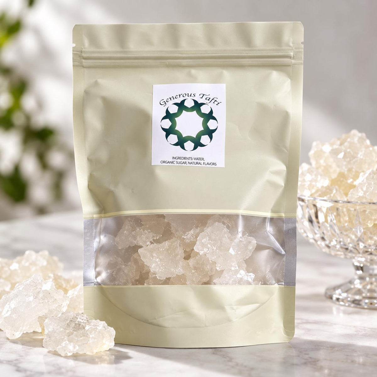 Green stand-up pouch with a clear window showing white rock candy crystals