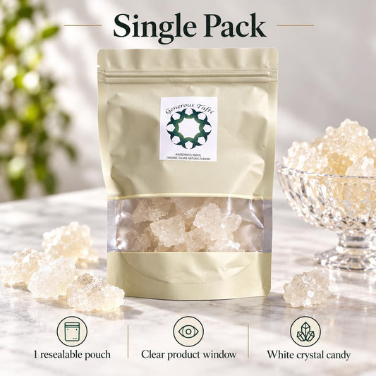 Generous Pantry organic Persian rock candy (nabat) in a resealable pouch with a glass bowl of crystals